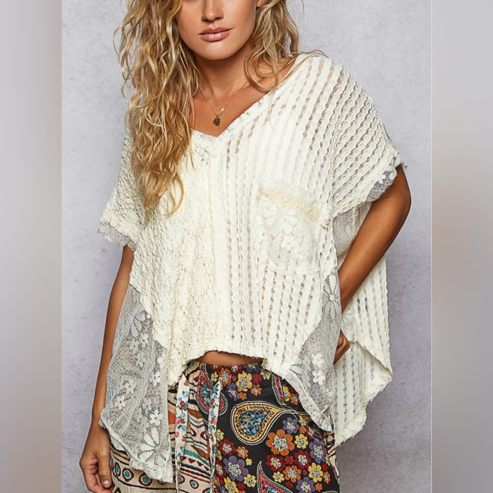Boutique Lace Patchwork V-Neck Tee - image 1